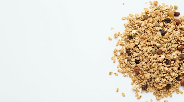 Crisp top view of granola flakes and oatmeal completely in focus on white background representing healthy breakfast and nutritious food granola flakes oatmeal on a white background Completely in