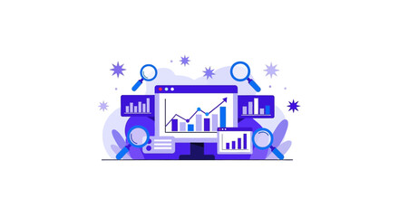 Obraz premium Data Analysis and SEO Analytics Dashboard Concept with Business Charts and Magnifying Glasses Illustration