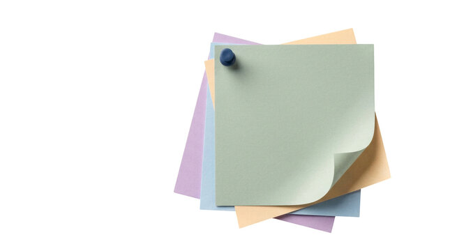 Pastel sticky notes with push pin, colorful adhesive memo pads on white background, blank paper reminders for office organization