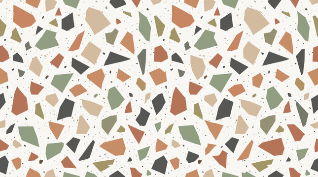 Natural stone terrazzo pattern with earth tones and speckled texture on white background