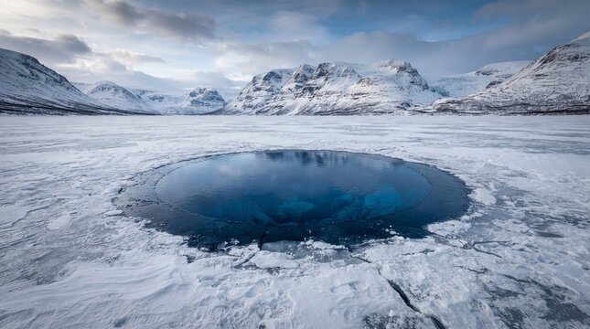 A mesmerizing circular hole of deep, vibrant blue liquid water emerging through a vast, cracked, and snow-covered frozen lake, surrounded by distant majestic snow-capped mountain peaks in winter.