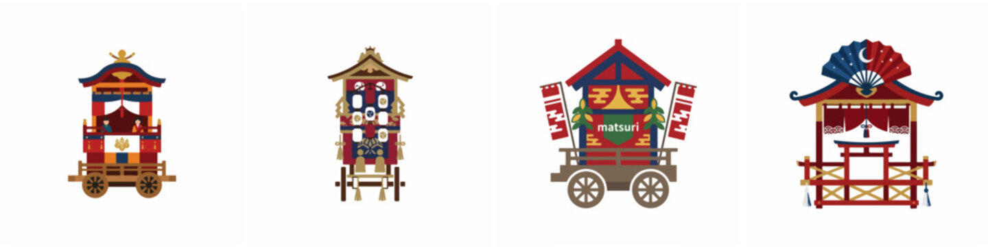 Set of traditional Japanese festival floats known as dashi and yama vector illustrations for matsuri celebrations