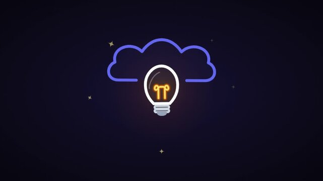 Animation of a glowing light bulb icon under a digital cloud outline, representing innovation and smart ideas in cloud computing and technology.