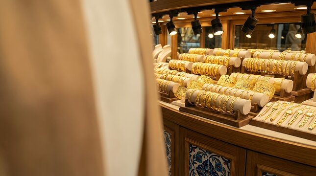 An elegant display of gold bracelets arranged in a jewelry store in Turkey showcasing the intricate craftsmanship and cultural significance of traditional Turkish gold jewelry elegant display gold