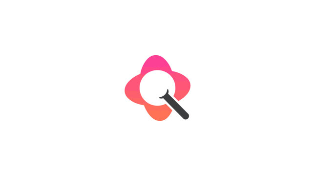 Pink abstract flower search magnifying glass icon.