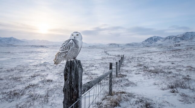 A majestic Snowy Owl perched atop a weathered wooden fence post in a vast, snow-covered arctic tundra landscape under a soft, golden sunrise light.