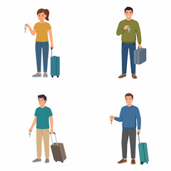Fototapeta premium Set of diverse people holding suitcases and house keys representing travel vacation rental and relocation concepts isolated on white background