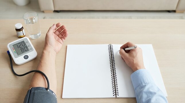 A medical and healthcare concept image featuring a person taking a blood pressure reading using a digital sphygmomanometer and recording the results in an empty white notebook at home emphasizing