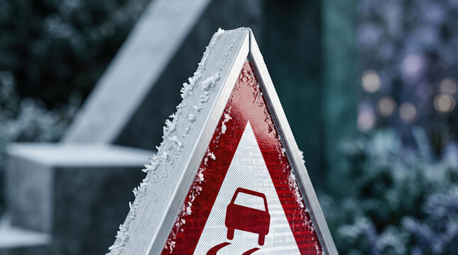 Triangular slippery road warning sign covered in frost. Slippery icy road traffic hazard symbol in winter