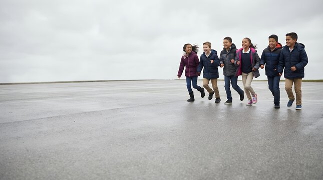 A diverse group of biracial school children energetically chasing each other across a paved play area during a class recess on an overcast cloudy day capturing the joy and freedom of childhood play