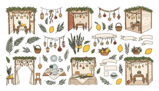  Jewish Sukkot Holiday Vector Illustration Set with Traditional Sukkah Huts, Four Species Elements, Citrons, Palm Fronds, Myrtle, Willow Leaves, and Hanging Festive Garlands