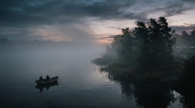 A serene dawn scene capturing a small wooden boat with two people floating on a calm, misty lake near a dark, silhouette-lined shoreline under a moody, overcast sky with soft morning light.