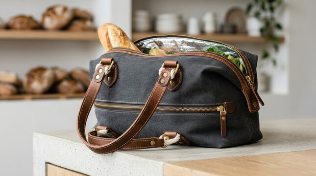 Insulated grocery cooler bag with leather handles on kitchen counter. Reusable canvas shopping bag with baguette and fresh produce