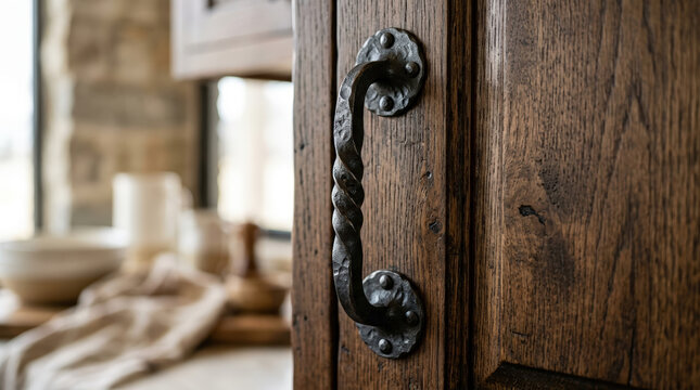 Wrought iron handle on rustic dark wooden cabinet door. Vintage hardware detail in farmhouse interior