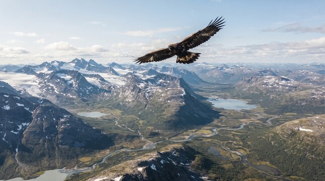 A majestic golden eagle soaring high above the dramatic snow-capped mountains and alpine valleys of a rugged wilderness landscape under a bright, clear sky.