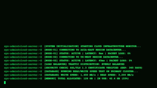 Cloud server infrastructure monitoring system terminal screen.
