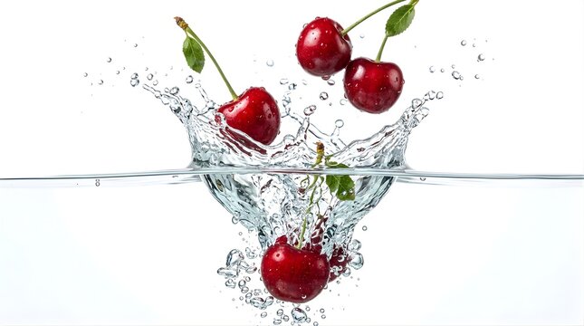Fresh red cherries splashing into clear water on a white background