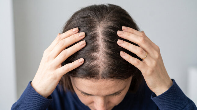 Hair loss in the form of alopecia areata. Bald head of a woman. Hair thinning after covid. Bald patches of total alopecia