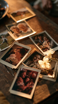 Faded Memories: A collection of vintage photographs scattered on a wooden surface, evoking nostalgia and cherished moments from the past, bathed in warm, dappled light.
