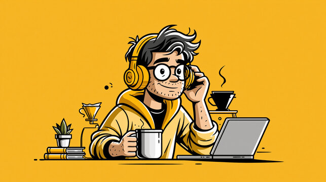 Creative coder enjoying music and coffee, working on laptop with headphones and eyeglasses on yellow background. Inspired by illustration style.