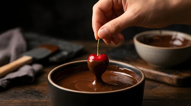 Hand dipping a fresh red cherry into melted dark chocolate in a bowl