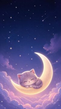 Dreamy Slumber on a Crescent Moon: A cute kitten sleeps soundly on a golden crescent moon, surrounded by a twilight sky filled with twinkling stars and soft, dreamlike clouds.