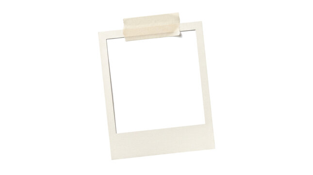 Vintage instant photo frame with masking tape, blank retro polaroid border on white background, nostalgic paper mockup for photography