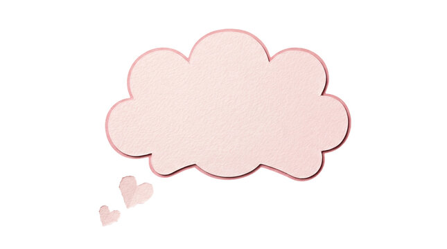 Pink paper thought bubble with heart shapes, pastel speech cloud on white background, romantic message bubble for social media