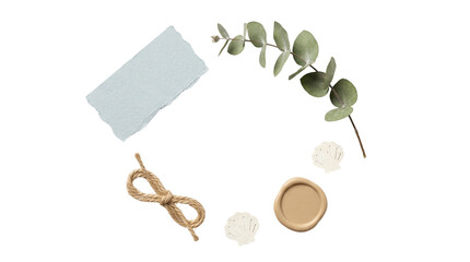 Minimalist wedding stationery mockup, elegant eucalyptus branch with wax seal, blue torn paper card on white background © Graphics Stock