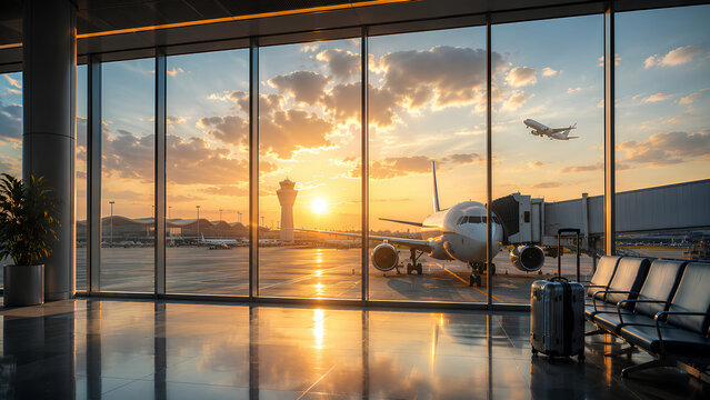 Modern Airport Terminal Interior with Passenger Airplane at Golden Hour
