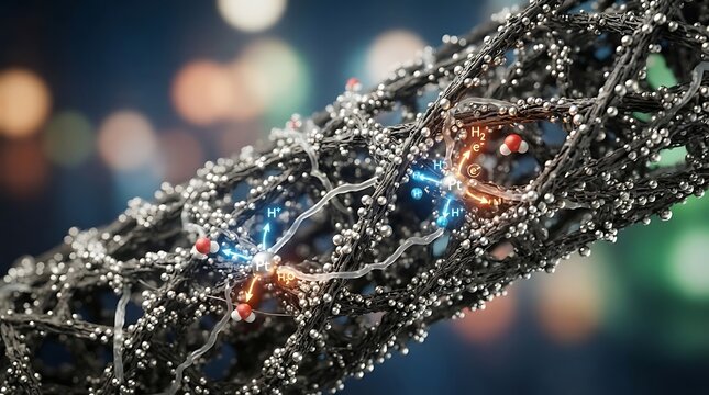 3D render of a carbon nanotube structure with molecular chemical reactions and hydrogen ion exchange processes for energy storage and fuel cell technology