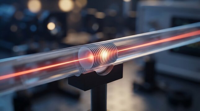 Laser beam passing through a glass tube with internal optical diffraction grating components for scientific research and advanced photonic technology testing