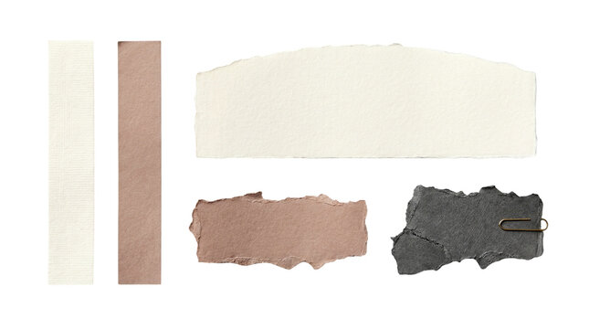Torn paper scraps set, neutral earth tone paper fragments with paperclip, vintage aesthetic collage elements on white background