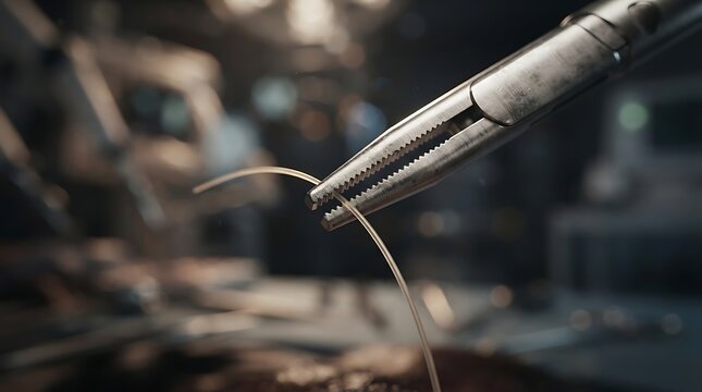 Robotic surgery tool performing precise suturing procedure in a modern hospital operating room