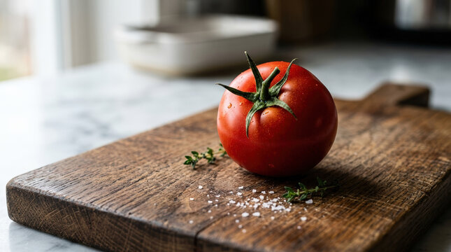 Fresh ripe red tomato on rustic wooden cutting board. Raw vegetable with sea salt and thyme