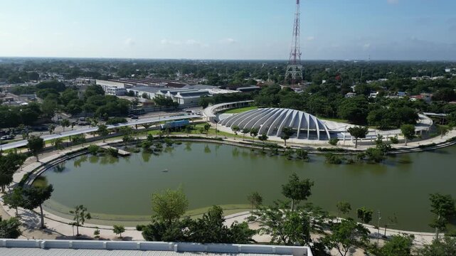 Aerial drone view of La Plancha public park in Merida, Yucatan
