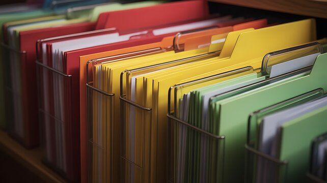 A close-up photograph of colorful hanging file folders organized in a desk drawer for efficient office document management