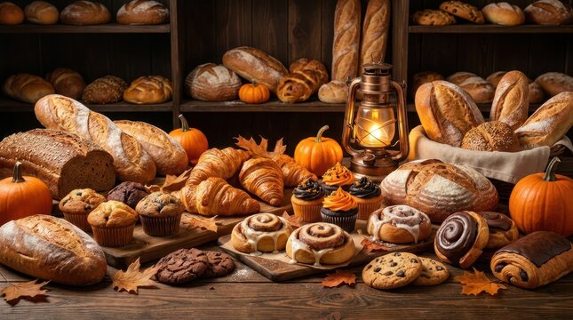 Rustic bakery table laden with artisan breads pastries cookies and pumpkins