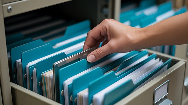 A Close-Up Photograph Of A Hand Reaching Into A Filing Cabinet To Organize Important Documents And Records