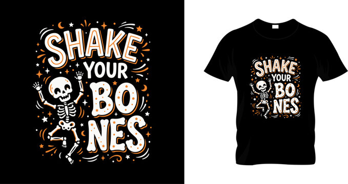 Shake your bones halloween tshirt design with dancing skeleton illustration