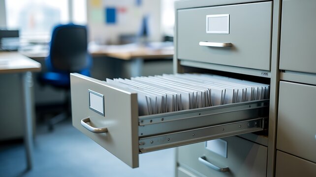A close up photograph of an open metal filing cabinet drawer containing organized documents within a professional office workspace