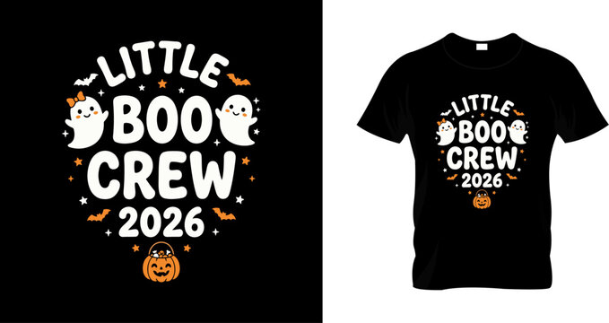 Little boo crew 2026 halloween tshirt design with cute ghosts and pumpkin