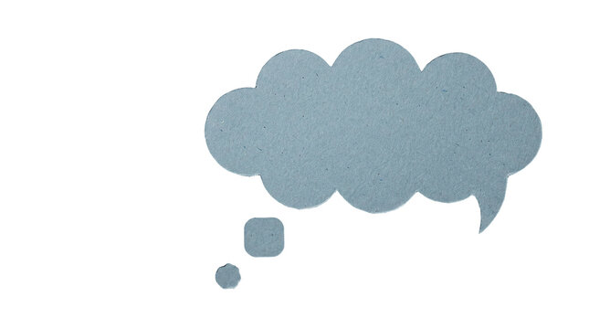 Minimalist blue paper thought bubble, isolated speech cloud on white background, textured paper cutout for communication and ideas
