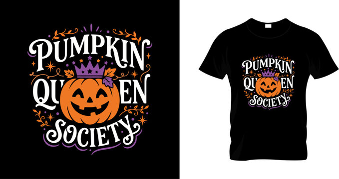 Pumpkin queen society halloween tshirt design with cute jackolantern and crown illustration