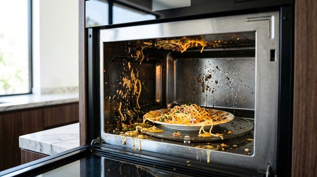 Exploded spaghetti inside dirty microwave oven. Messy food splatters on microwave turntable and walls