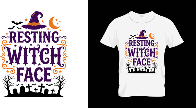 Resting witch face halloween tshirt design with witch hat and graveyard silhouette