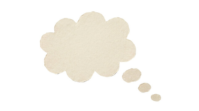 Minimalist watercolor thought bubble, hand-painted beige speech cloud on white background, textured paper dream bubble for copy space