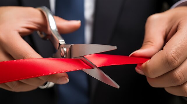 A close-up photograph of hands cutting a red ribbon during an official grand opening ceremony event