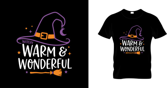 Witchy warm and wonderful halloween tshirt design with witch hat and broomstick