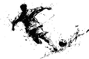Obraz premium Dynamic soccer player kicking ball with splatter ink effect, black and white sport illustration